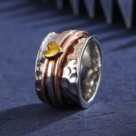 Boho Spinner Ring Tri-Color Floating Heart and Bands #1356 - Picture 12 of 12
